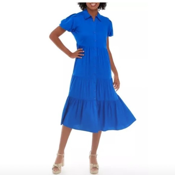 Crown & Ivy Shirt Puff Sleeve Midi Dress Women's Short Puff Sleeve size L button - Picture 1 of 9
